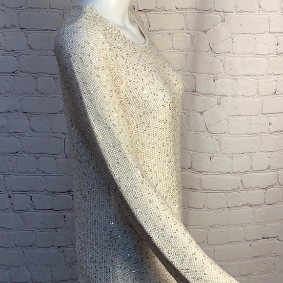 Marled Reunited Cream Sequin Embellished Chiffon Hem Long Sleeve Sweater Sz M - Picture 6 of 12
